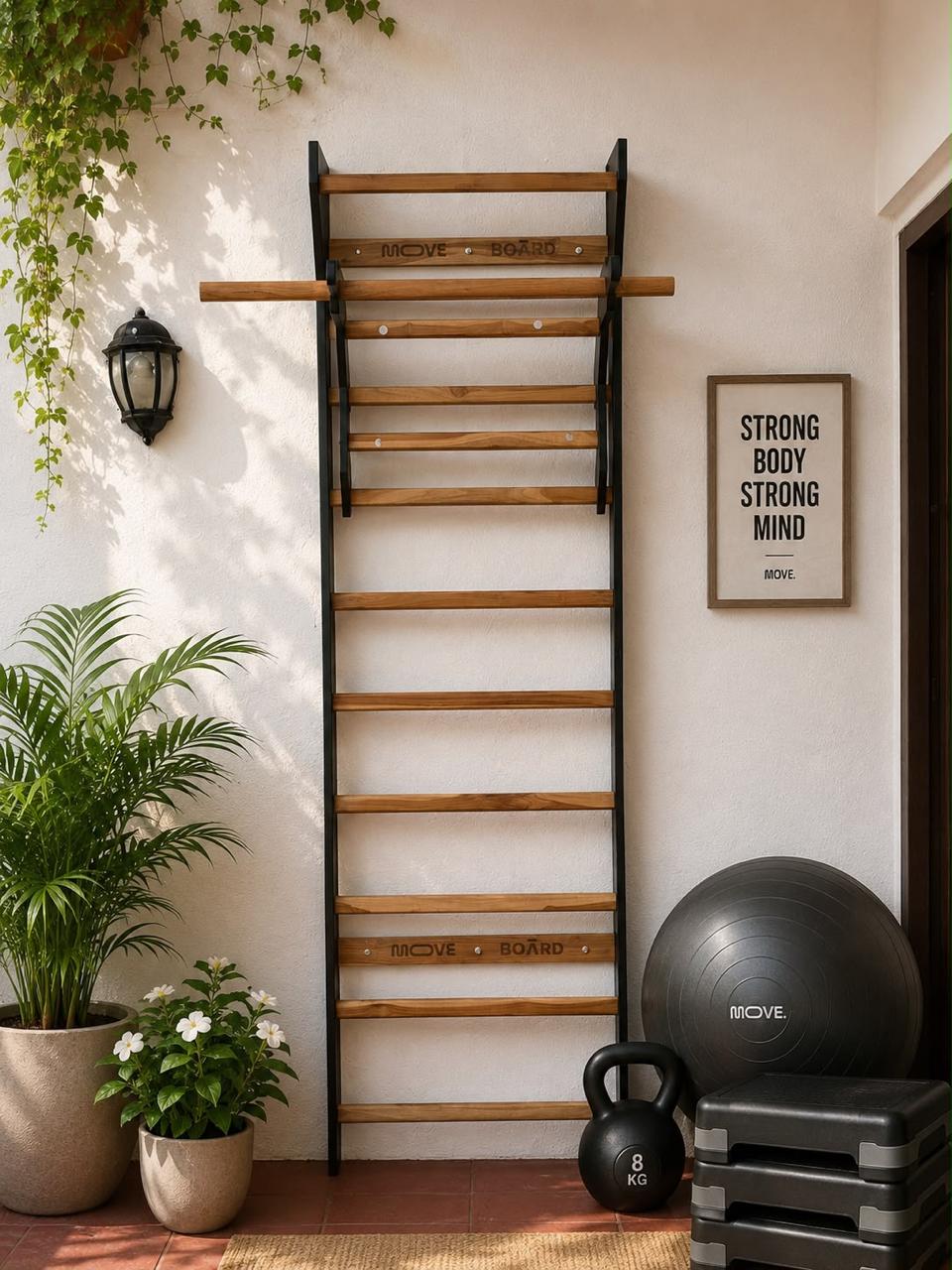 Moveboard mounted on a bright patio wall